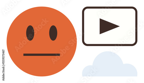 Orange neutral emoticon next to play button and cloud symbolizing emotion, media content, and cloud storage. Ideal for technology, communication, streaming, emotions, data storage, multimedia simple