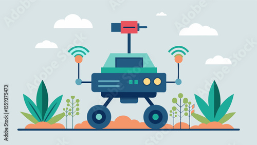 An autonomous weed control robot equipped with sensors and advanced algorithms identifying and selectively spraying invasive plants.. Vector illustration