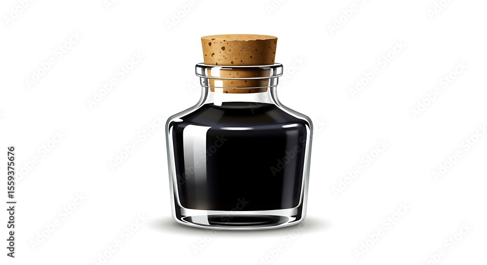 Black Ink in Glass Bottle with Cork Stopper on White Black Ink in Glass Bottle with Cork Stopper on White