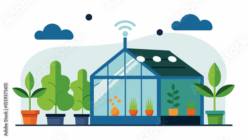 A smart greenhouse with IoT sensors that measure CO2 levels and automatically adjust ventilation systems for improved plant growth and energy efficiency.. Vector illustration