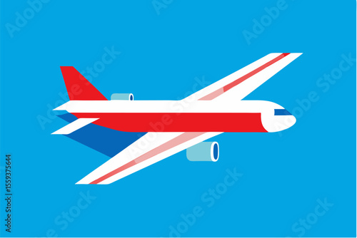 Flying airliner soaring across a clear blue sky