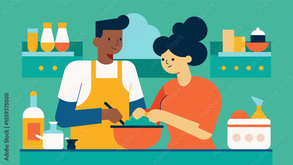 In the kitchen one partner patiently assists the other in following a recipe reminding them of each step as they become more overwhelmed.. Vector illustration In the kitchen one partner patiently assists the other in following a recipe reminding them of each step as they become more overwhelmed.. Vector illustration