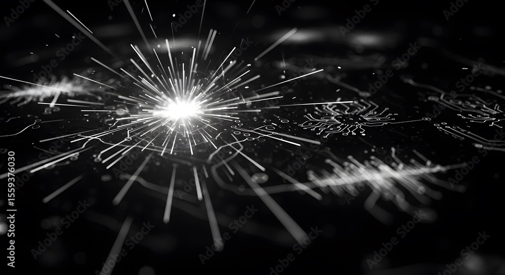 Fototapeta premium A bright light emitting sparks on a dark surface with circuit board patterns visible