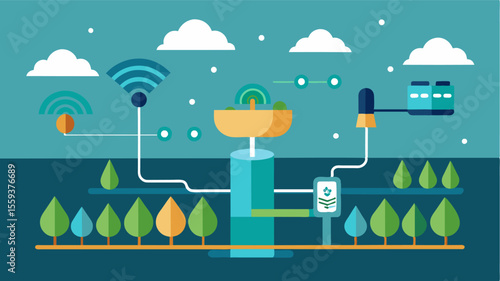 An automated irrigation system controlled by data from IoT weather stations providing the optimal amount of water for different areas of a field.. Vector illustration