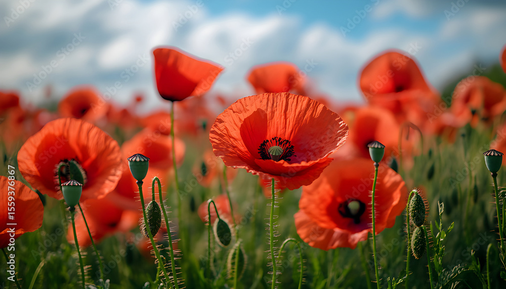 Fototapeta premium close up of red poppy flowers in a field