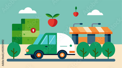 A selfdriving transport system that moves produce from the greenhouse to packaging and distribution areas.. Vector illustration
