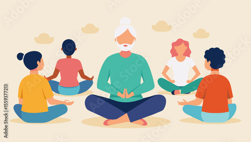 A volunteer leading a group meditation session with elderly individuals promoting relaxation and reducing stress for brain health.. Vector illustration