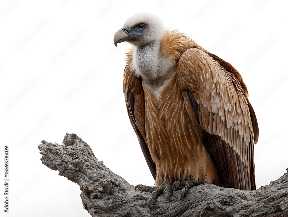 Obraz premium A majestic griffon vulture perches on a weathered branch against a bright, clean, stark white background.