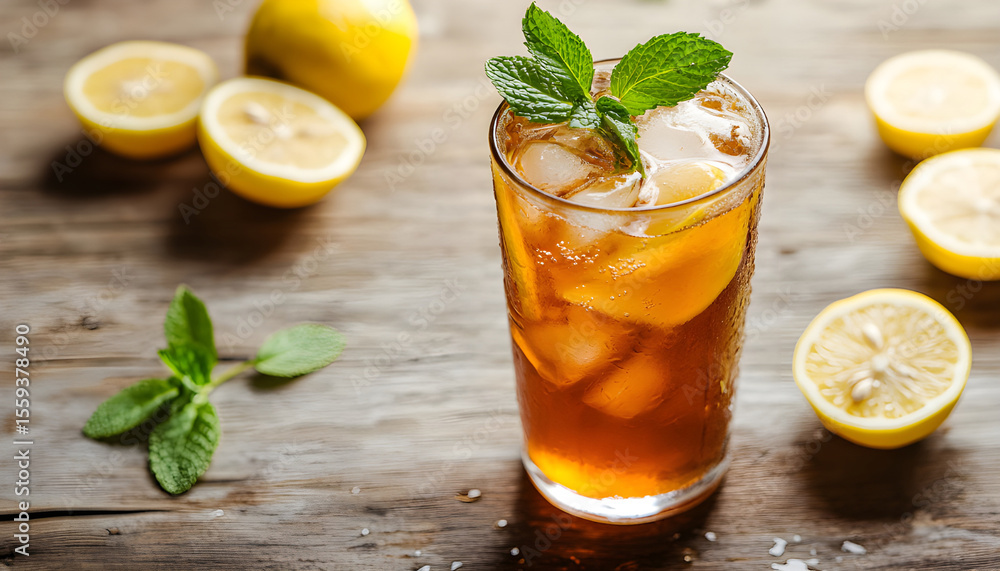 Fototapeta premium glass of ice tea with mint and lemon on wooden table