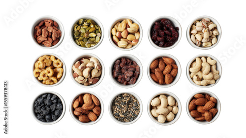 A variety of nuts in bowls arranged on a white background for a healthy snack concept.