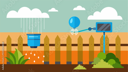 A smart fence with a builtin irrigation system using water from rain or underground sources to keep surrounding crops hydrated.. Vector illustration