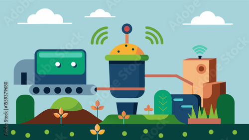 An automated composting system that utilizes artificial intelligence to optimize the decomposition process and produce highquality nutrientrich soil.. Vector illustration