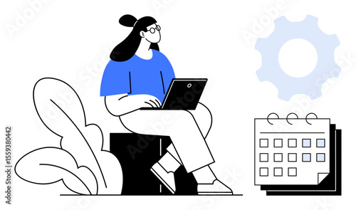 Woman seated with laptop near gear and calendar icons, representing organization, planning, and productivity. Ideal for time management, task coordination, remote work, workflow redesign, efficiency