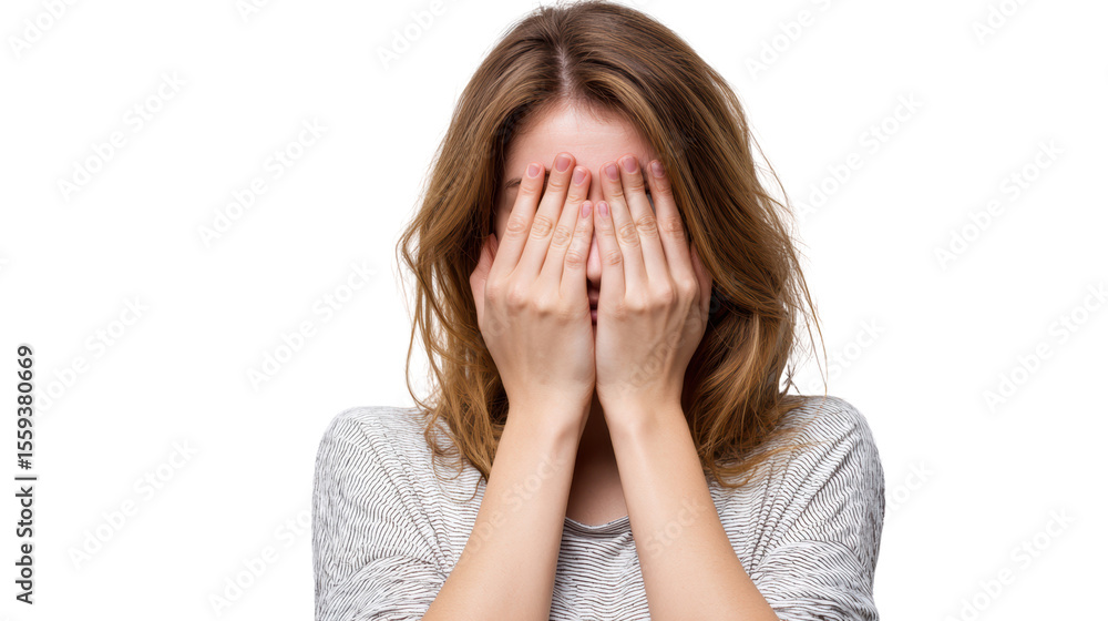 Woman covering her face with hands, expressing emotions, white isolate background Woman covering her face with hands, expressing emotions, white isolate background