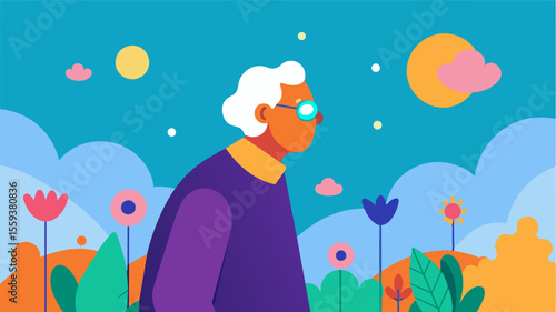 An elderly person with poor eyesight reveling in the vibrant colors and distinct scents of a sensory garden. The vivid range of sensory experiences helping to awaken and stimulate. Vector illustration