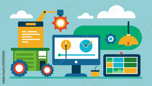 An illustration of a digital platform showing a synchronized schedule for farm machinery and equipment maintenance optimizing productivity and minimizing downtime.. Vector illustration