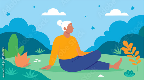 An older adult lying in a peaceful garden listening to a guided meditation to help reduce stress and promote mental clarity. The soothing sounds of nature and the guided meditation. Vector