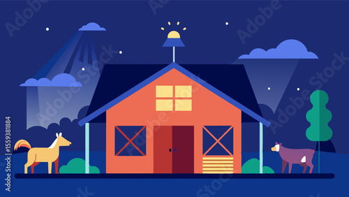 A smart barn lighting system that mimics natural daylight to maintain animals circadian rhythms and promote better sleep and productivity.. Vector illustration