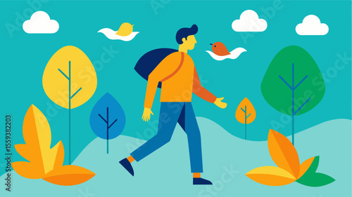 Going for a nature walk and actively listening for different sounds such as birds chirping leaves rustling and water running.. Vector illustration