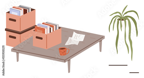 Cardboard boxes with books on a low wooden table, coffee cup, papers, and a houseplant. Ideal for office design, organization, productivity, eco-living, creativity learning simple flat metaphor