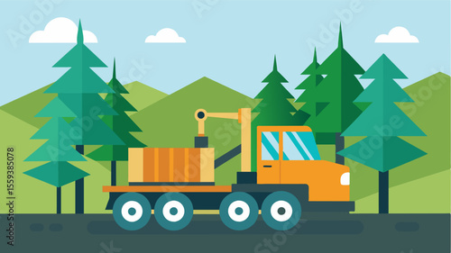 A selfdriving skidder collects and transports logs from the forest to designated loading areas reducing labor costs and minimizing environmental impact.. Vector illustration