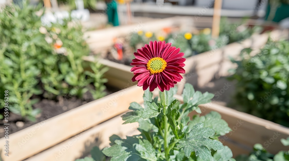 Fototapeta premium Vibrant Red Flower in a Sunny Garden Bed