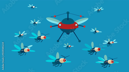 A swarm of small drones work together to release pheromones that disrupt the cycles of pests in a designated area. This natural and noninvasive approach helps reduce pest. Vector illustration