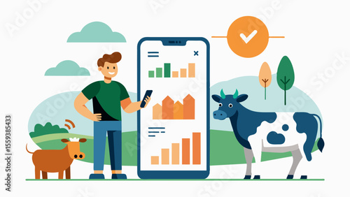 An app allows farmers to view and analyze data on the behavior of their livestock even while on the go giving them a better understanding of their animals wellbeing.. Vector illustration