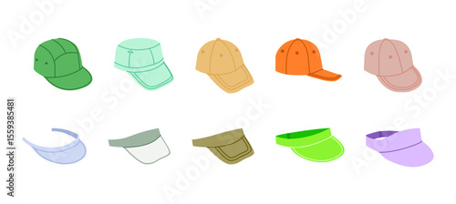 Set of Trucker Baseball Sun Visor Caps - Dad Hip-Hop Deerstalker Outdoor Skate Fitted Five Panel Hat. Head Fashion accessory clothing technical illustration. Vector for Men, women, unisex style, flat
