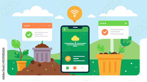 A smart composting app that allows farmers to track and manage their compost piles remotely providing realtime data and notifications for timely turning and moisture adjustment.. Vector illustration
