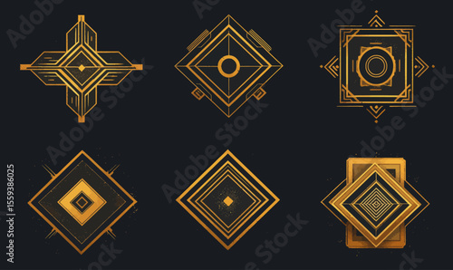 The design of these logos combines modern abstract geometric elements with art deco and hipster styles, and a golden line aesthetic, incorporating a range of linear shapes, such as circles,