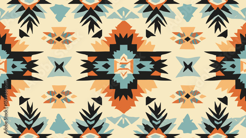 Oriental, aztec, and tribal traditional motifs merged in a vibrant geometric ethnic pattern, perfect for use as a seamless background or decorative banner