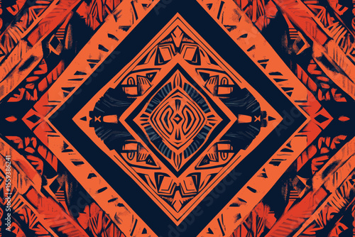 The textile rapport is characterized by its ethnic boho seamless pattern, accented with a tribal aztec ornament and a folk motif