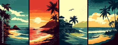 Surfing posters, ethnic masks, and tropical leaves are combined with a collection of Hawaiian wooden tiki masks, symbolizing old tribal totems often found in tiki bars