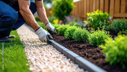 Gardener Working On Garden Border With Gravel And Plants