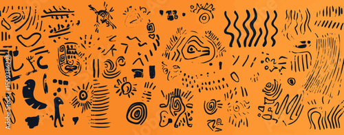 A vibrant and eclectic design featuring a combination of Mexican, Aztec, Mayan, Polynesian, African, and Inca elements, including tribal silhouettes, geometric patterns, and ethnic border graphics,