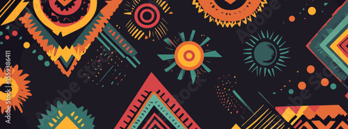 Feather-like elements and a central diamond pattern come together in a complex and intricate tribal design