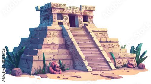 The modern cartoon landmark illustration of a Maya ancient pyramid and Aztec temple ruin, isolated on a white background, represents Mexico's archaeological and historical treasures, including the