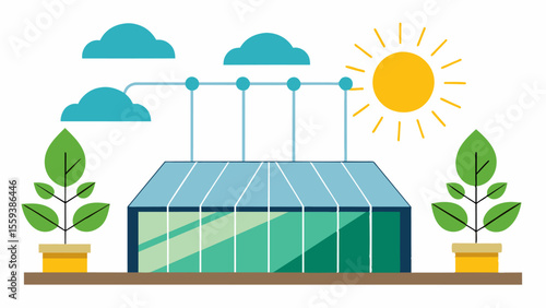 As the sun moves throughout the day the shading system adjusts to ensure consistent light distribution and prevent overheating creating a controlled environment for plant growth.. Vector illustration