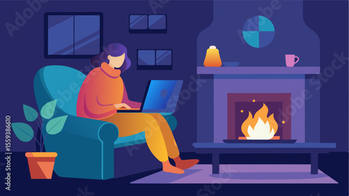 The sound of a crackling fire fills the small living room as someone huddles under a soft blanket typing away on their laptop.. Vector illustration