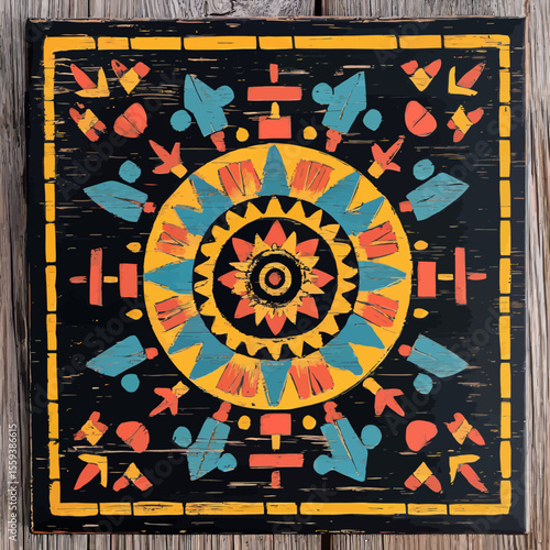Tribal vintage ethnic pattern is the focus of this modern illustration with a wooden background