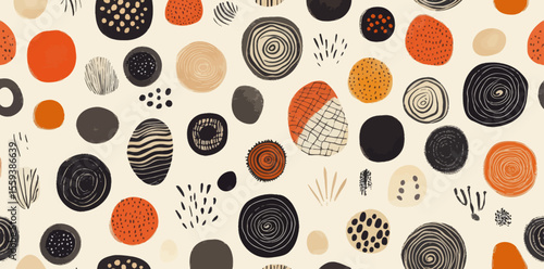 This seamless pattern combines a modern aesthetic with a creative ethnic style, featuring a unique geometric drawing in a multitude of colors, and is well-suited for use in screen backgrounds, site