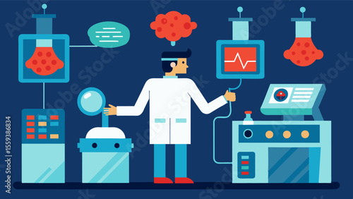 In a lab filled with beeping machines and flashing lights researchers monitor brain activity in realtime and collect data on brain responses to various stimuli in hopes of gaining. Vector illustration