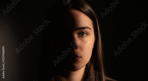 A portrait of a woman with half of her face illuminated against a stark dark background in a studio setting