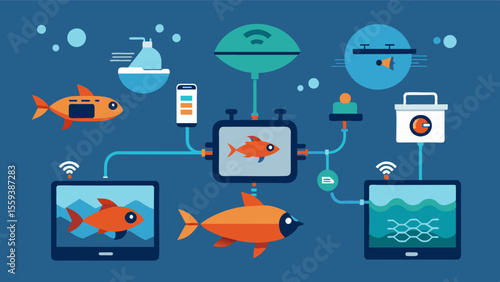Advanced sensors and monitoring systems connected to a central control unit allowing for realtime tracking of water quality and fish behavior.. Vector illustration