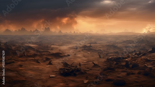 Illustration of barren land covered in endless smoke due to natural damage.