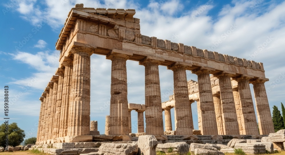Obraz premium Ancient greek temple ruins with many columns under a blue sky with white clouds on a sunny day outdoors