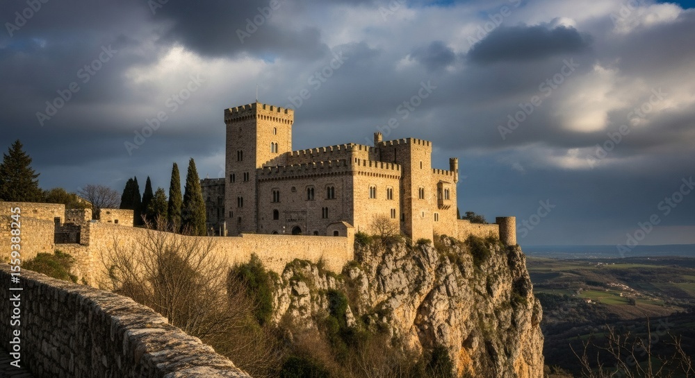 A view of the erice castle perched atop a cliff with dramatic clouds in the background on a sunny day A view of the erice castle perched atop a cliff with dramatic clouds in the background on a sunny day