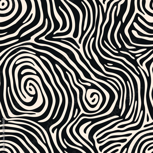 Abstract organic seamless pattern with twisted fluid lines and wiggling curved stripes. Psychedelic wavy vector texture with swirls and spirals. Black white repeated design for textile, print, decor
