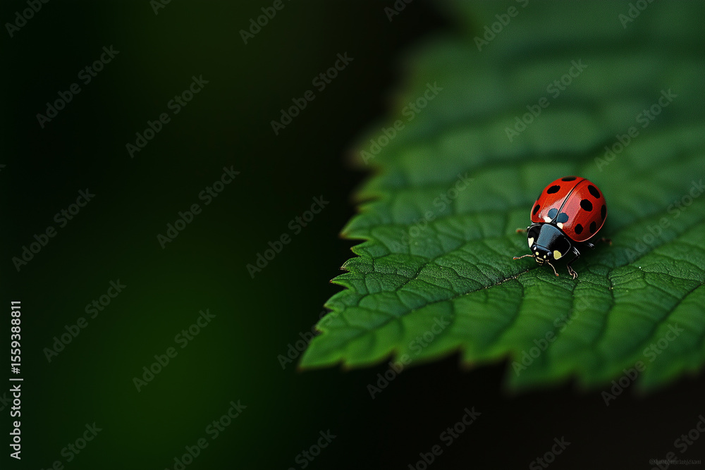 Fototapeta premium Closeup of a Vibrant Ladybug Resting on a Leaf with Lush Green Background